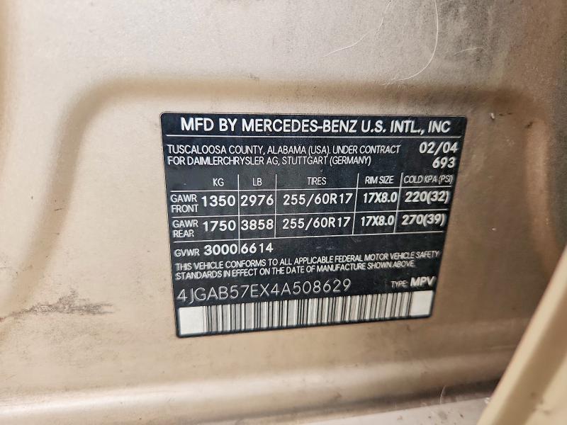 61088266 :رقم المزاد ، 4JGAB57EX4A508629 vin ، 2004 Mercedes-benz Ml مزاد بيع