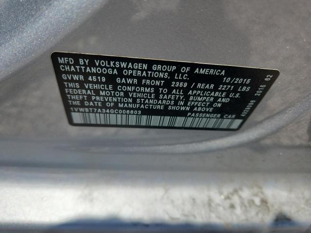 60016336 :رقم المزاد ، 1VWBT7A34GC006603 vin ، 2016 Volkswagen Passat مزاد بيع