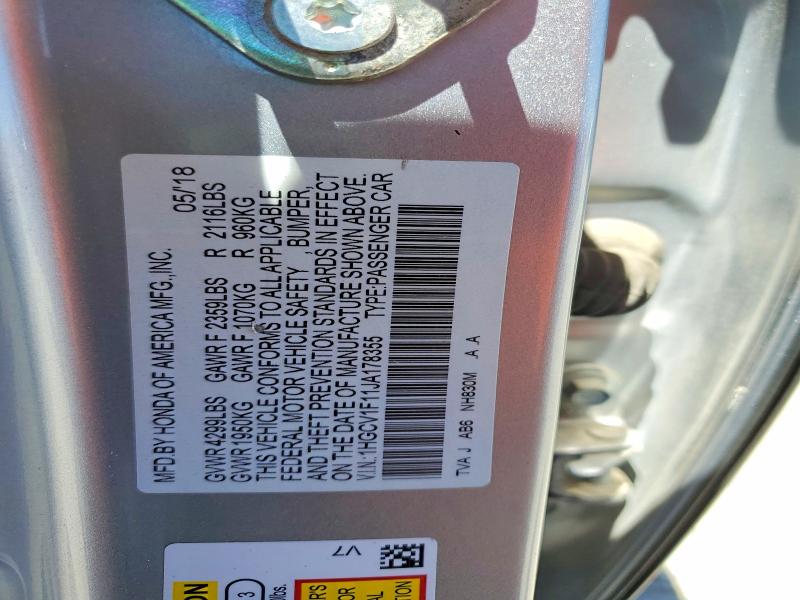 Aukcja sprzedaży 2018 Honda Accord, vin: 1HGCV1F11JA178355, numer aukcji: 62500976