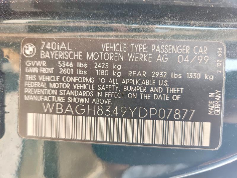 Aukcja sprzedaży 2000 Bmw 740, vin: WBAGH8349YDP07877, numer aukcji: 57935936