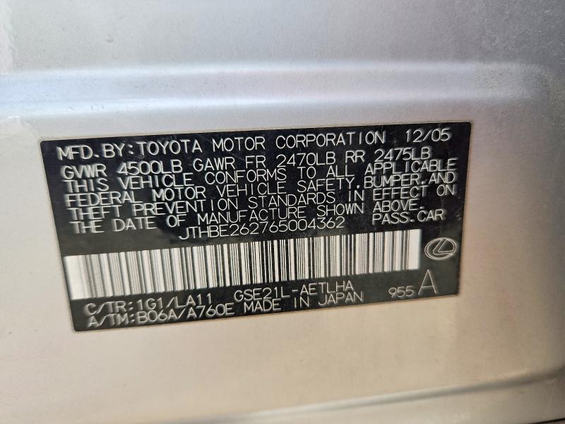 61807486 :رقم المزاد ، JTHBE262765004362 vin ، 2006 Lexus Is مزاد بيع