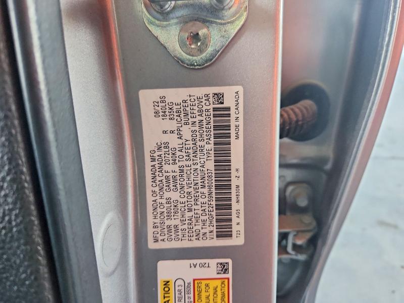 Aukcja sprzedaży 2022 Honda Civic, vin: 2HGFE2F59NH600837, numer aukcji: 63028656