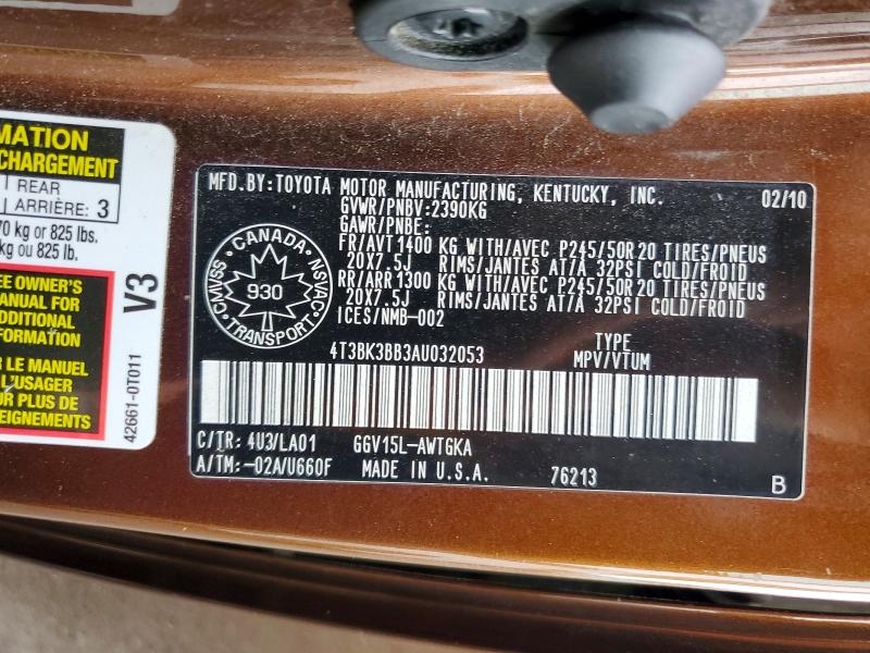 2010 Toyota Venza მანქანა იყიდება აუქციონზე, vin: 4T3BK3BB3AU032053, აუქციონის ნომერი: 61844436