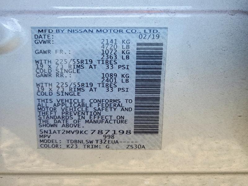 2019 Nissan Rogue მანქანა იყიდება აუქციონზე, vin: 5N1AT2MV9KC787198, აუქციონის ნომერი: 62490076