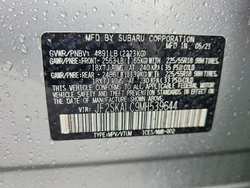 2021 Subaru Forester მანქანა იყიდება აუქციონზე, vin: JF2SKALC9MH539644, აუქციონის ნომერი: 62077686