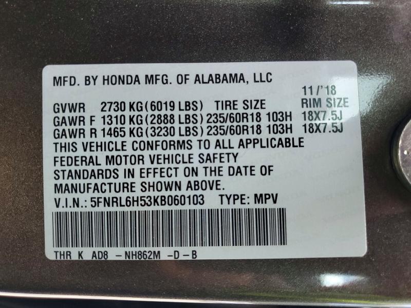 Продаж на аукціоні авто 2019 Honda Odyssey, vin: 5FNRL6H53KB060103, номер лоту: 60802986
