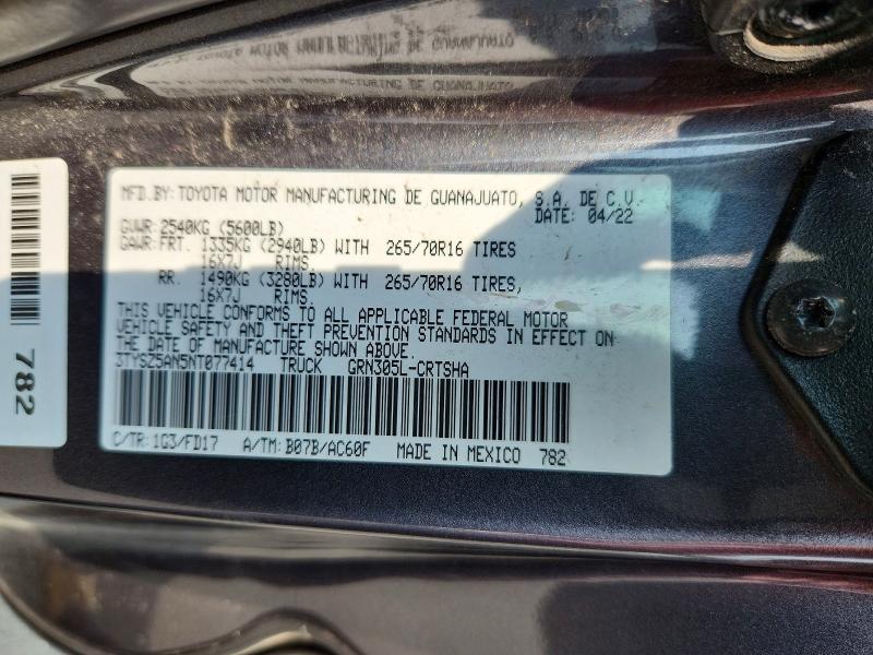 2022 Toyota Tacoma მანქანა იყიდება აუქციონზე, vin: 3TYSZ5AN5NT077414, აუქციონის ნომერი: 60826326