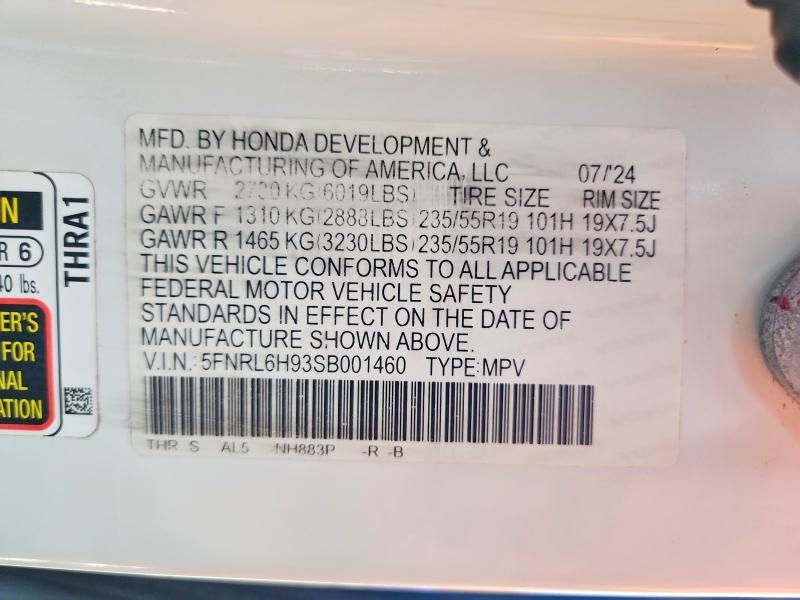 Aukcja sprzedaży 2025 Honda Odyssey, vin: 5FNRL6H93SB001460, numer aukcji: 62625716