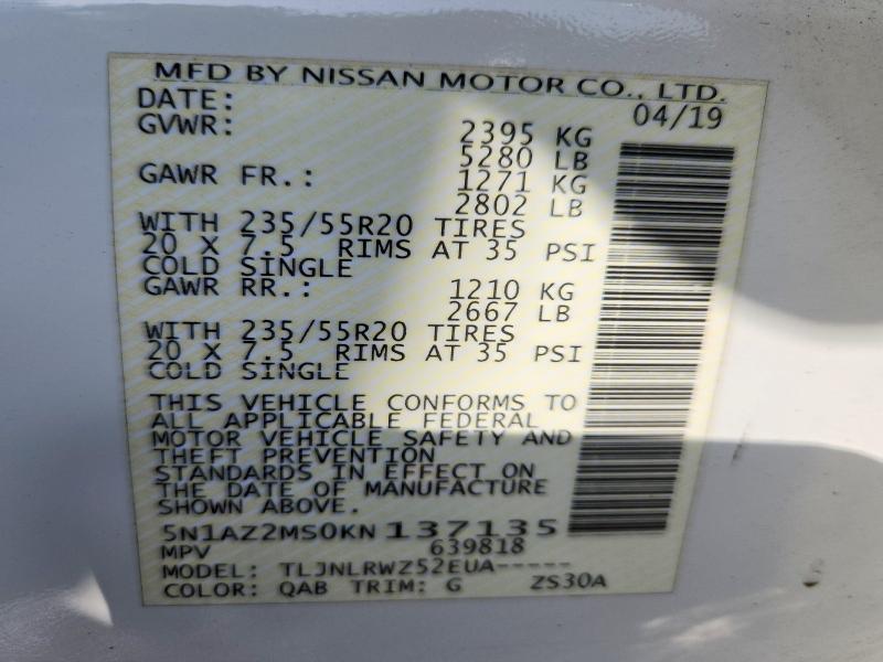 2019 Nissan Murano მანქანა იყიდება აუქციონზე, vin: 5N1AZ2MS0KN137135, აუქციონის ნომერი: 61568626