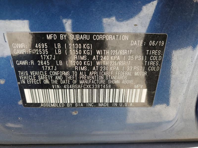 60457636 :رقم المزاد ، 4S4BSAFCXK3381458 vin ، 2019 Subaru Outback مزاد بيع