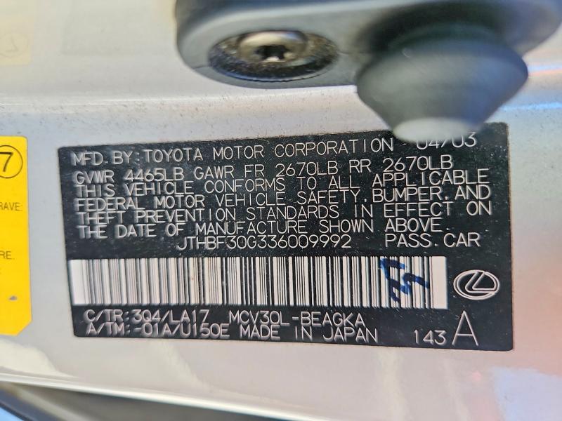 62467576 :رقم المزاد ، JTHBF30G336009992 vin ، 2003 Lexus Es مزاد بيع