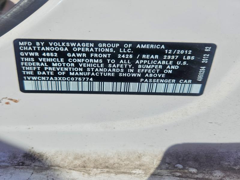 Aukcja sprzedaży 2013 Volkswagen Passat, vin: 1VWCN7A3XDC075774, numer aukcji: 61091836