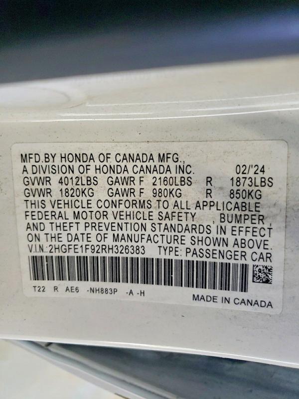 59842046 :رقم المزاد ، 2HGFE1F92RH326383 vin ، 2024 Honda Civic مزاد بيع