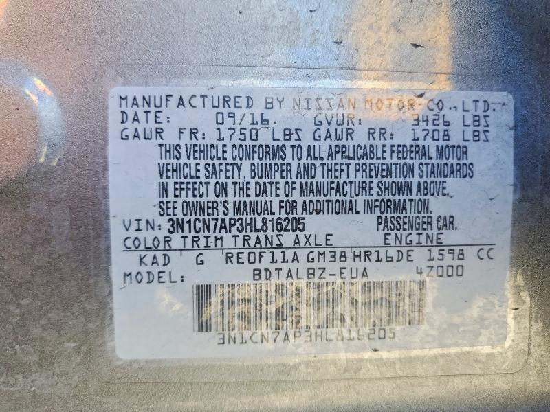 Aukcja sprzedaży 2017 Nissan Versa, vin: 3N1CN7AP3HL816205, numer aukcji: 59646676
