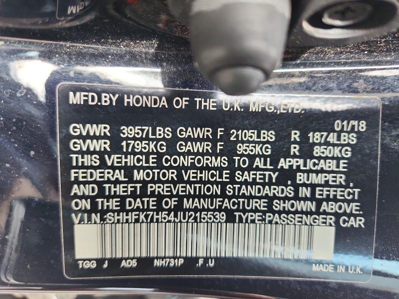 2018 Honda Civic მანქანა იყიდება აუქციონზე, vin: SHHFK7H54JU215539, აუქციონის ნომერი: 59865886
