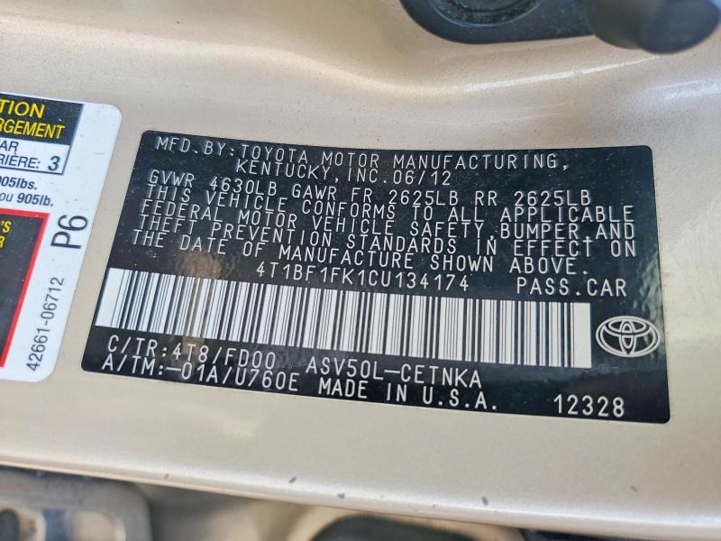 2012 Toyota Camry მანქანა იყიდება აუქციონზე, vin: 4T1BF1FK1CU134174, აუქციონის ნომერი: 62877356