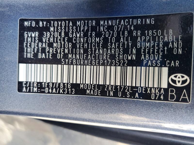 Aukcja sprzedaży 2014 Toyota Corolla, vin: 5YFBURHE6EP173522, numer aukcji: 62320826
