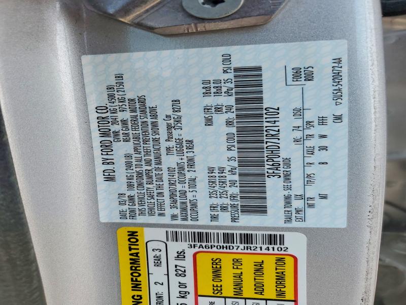 2018 Ford Fusion მანქანა იყიდება აუქციონზე, vin: 3FA6P0HD7JR214102, აუქციონის ნომერი: 63144416