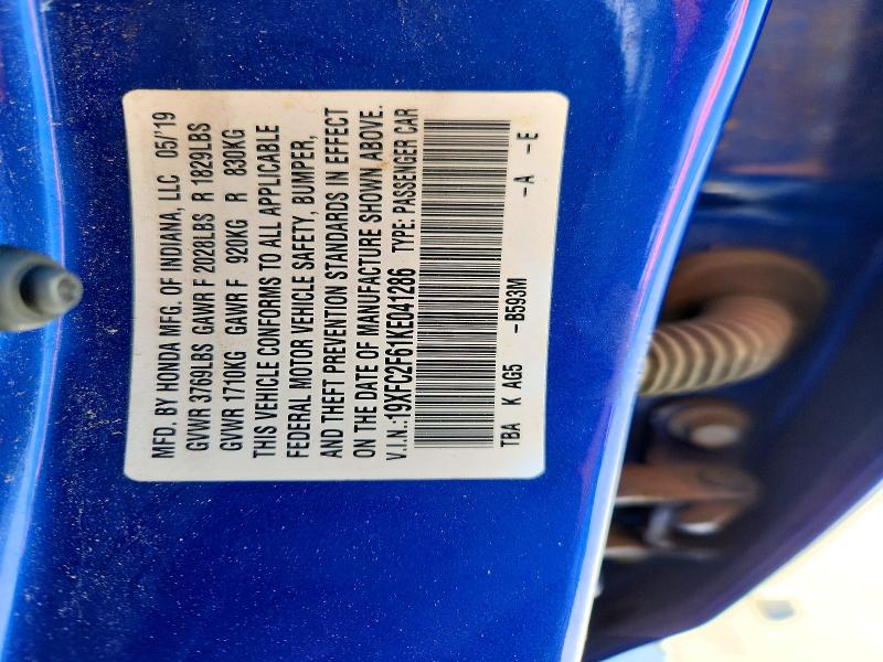 Aukcja sprzedaży 2019 Honda Civic, vin: 19XFC2F61KE041286, numer aukcji: 59317006