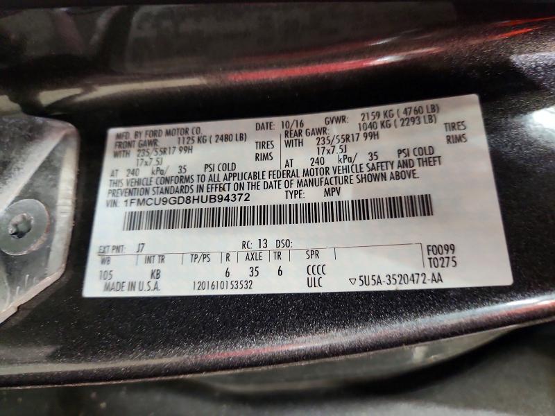 2017 Ford Escape მანქანა იყიდება აუქციონზე, vin: 1FMCU9GD8HUB94372, აუქციონის ნომერი: 58989076