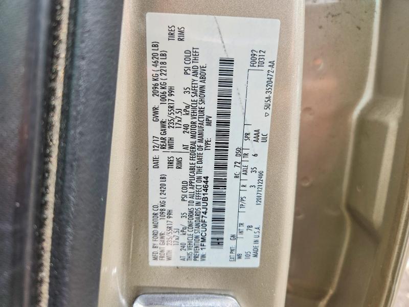 2018 Ford Escape მანქანა იყიდება აუქციონზე, vin: 1FMCU0F74JUB14644, აუქციონის ნომერი: 61306376