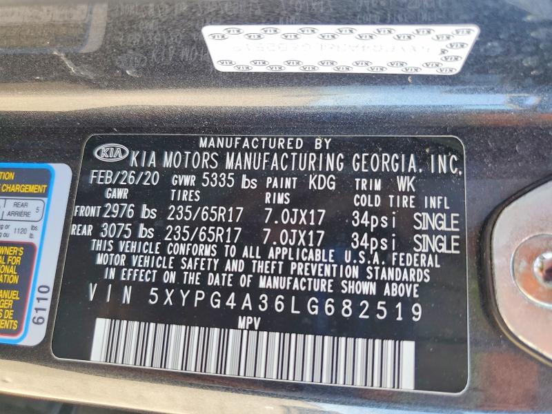 62115016 :رقم المزاد ، 5XYPG4A36LG682519 vin ، 2020 Kia Sorento مزاد بيع