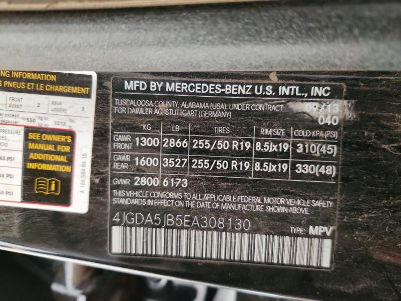 Aukcja sprzedaży 2014 Mercedes-benz Ml, vin: 4JGDA5JB5EA308130, numer aukcji: 61492796