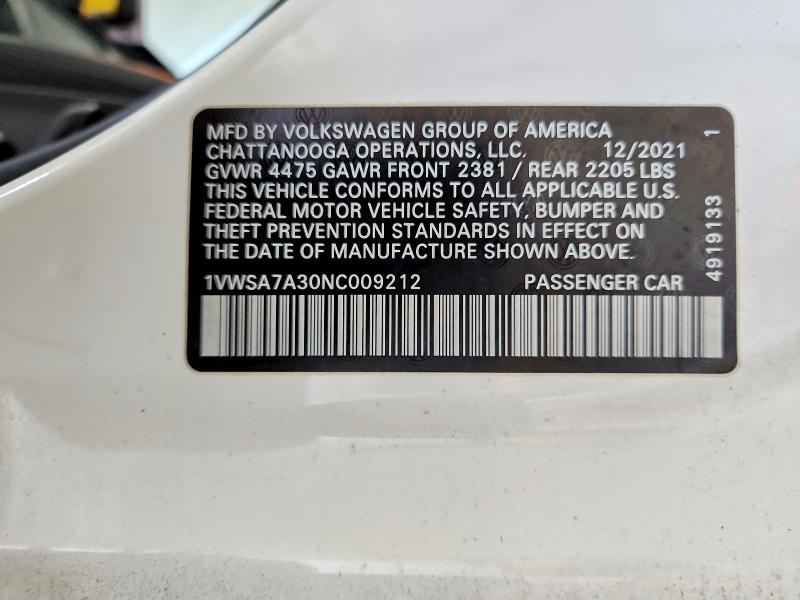 Aukcja sprzedaży 2022 Volkswagen Passat, vin: 1VWSA7A30NC009212, numer aukcji: 62742556
