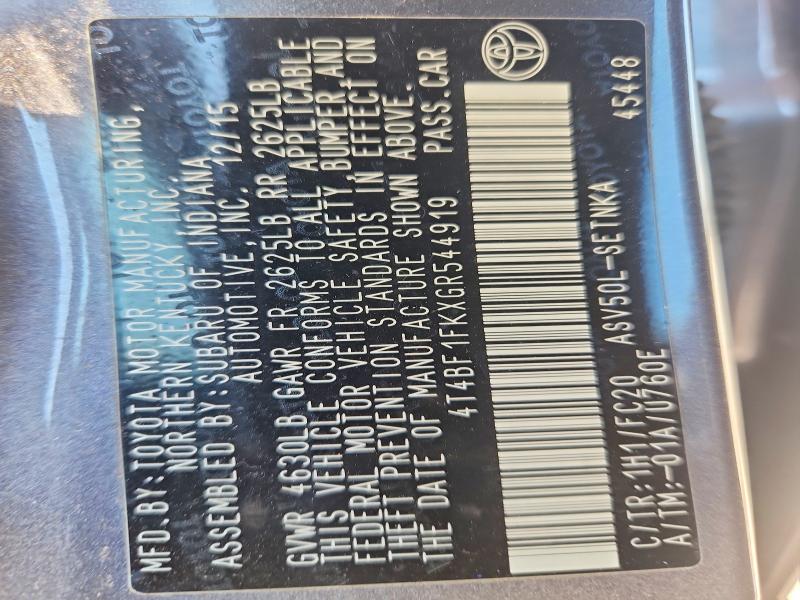 2016 Toyota Camry მანქანა იყიდება აუქციონზე, vin: 4T4BF1FKXGR544919, აუქციონის ნომერი: 62383756