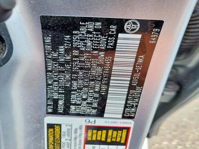 62008866 :رقم المزاد ، 4T4BF1FK1FR464455 vin ، 2015 Toyota Camry مزاد بيع