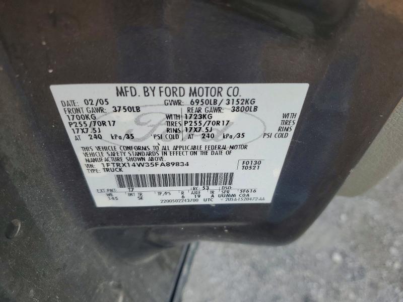 2005 Ford F150 მანქანა იყიდება აუქციონზე, vin: 1FTRX14W35FA89834, აუქციონის ნომერი: 61587296