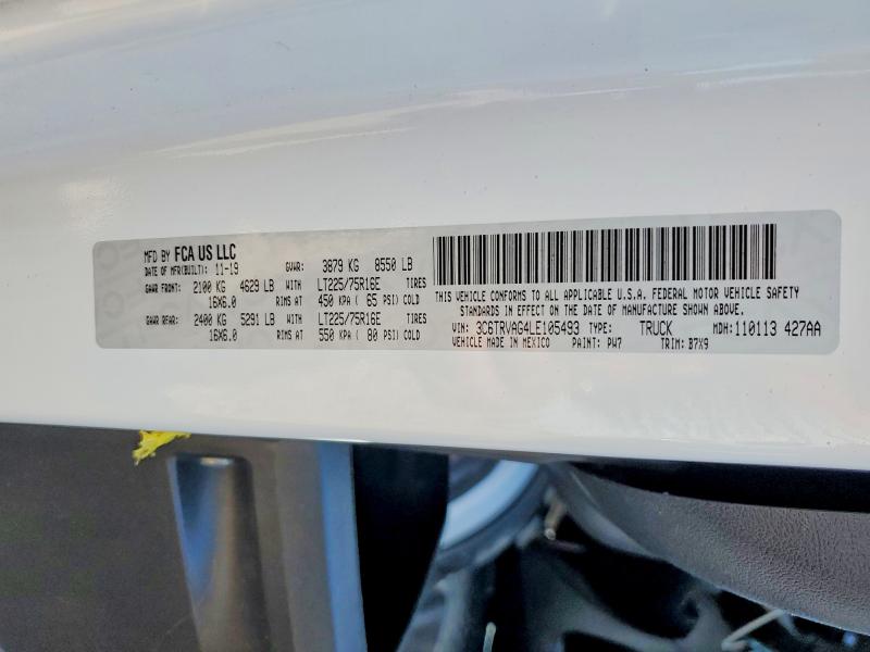 59991646 :رقم المزاد ، 3C6TRVAG4LE105493 vin ، 2020 Ram Promaster 1500 مزاد بيع