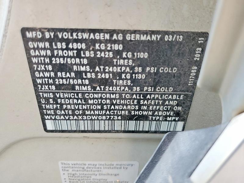 2013 Volkswagen Tiguan მანქანა იყიდება აუქციონზე, vin: WVGAV3AX3DW087734, აუქციონის ნომერი: 62613396