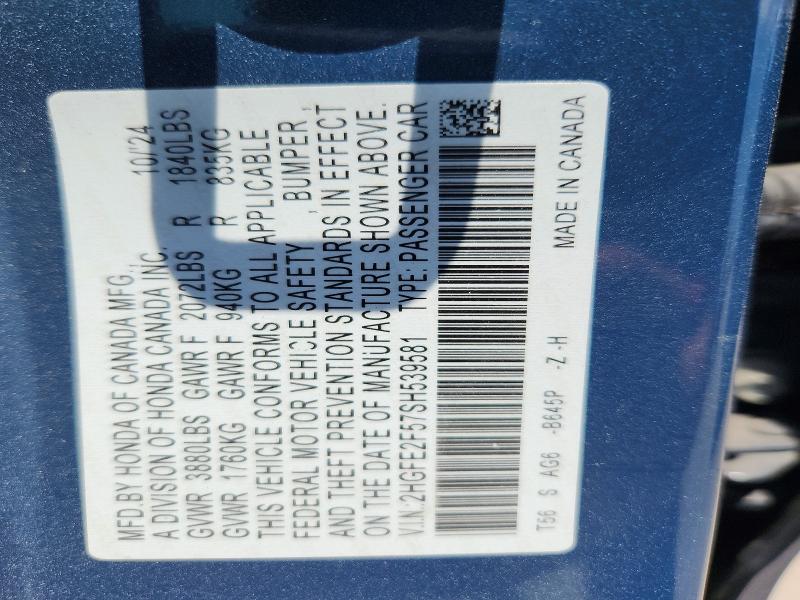 Продаж на аукціоні авто 2025 Honda Civic, vin: 2HGFE2F57SH539581, номер лоту: 59860886