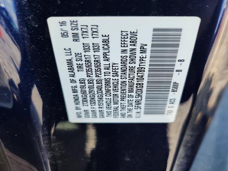 Aukcja sprzedaży 2016 Honda Odyssey, vin: 5FNRL5H3XGB104789, numer aukcji: 59298276