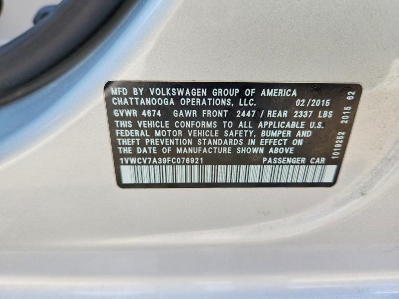 59159606 :رقم المزاد ، 1VWCV7A39FC076921 vin ، 2015 Volkswagen Passat مزاد بيع