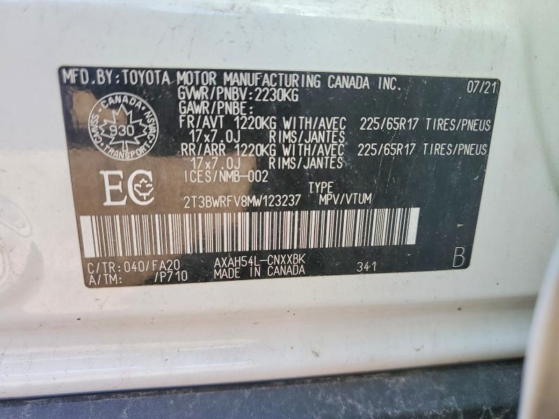 Aukcja sprzedaży 2021 Toyota Rav4, vin: 2T3BWRFV8MW123237, numer aukcji: 60845166