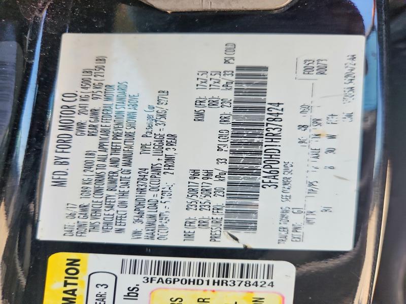 Aukcja sprzedaży 2017 Ford Fusion, vin: 3FA6P0HD1HR378424, numer aukcji: 59190026