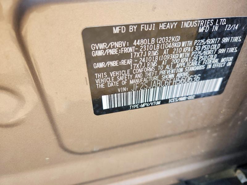 2015 Subaru Forester მანქანა იყიდება აუქციონზე, vin: JF2SJABC6FH560636, აუქციონის ნომერი: 62199416