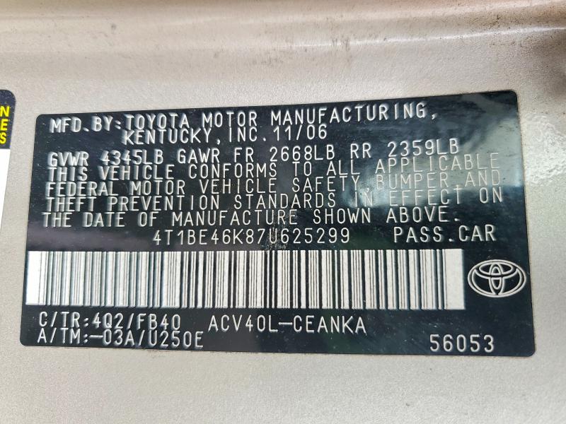 61905146 :رقم المزاد ، 4T1BE46K87U625299 vin ، 2007 Toyota Camry مزاد بيع
