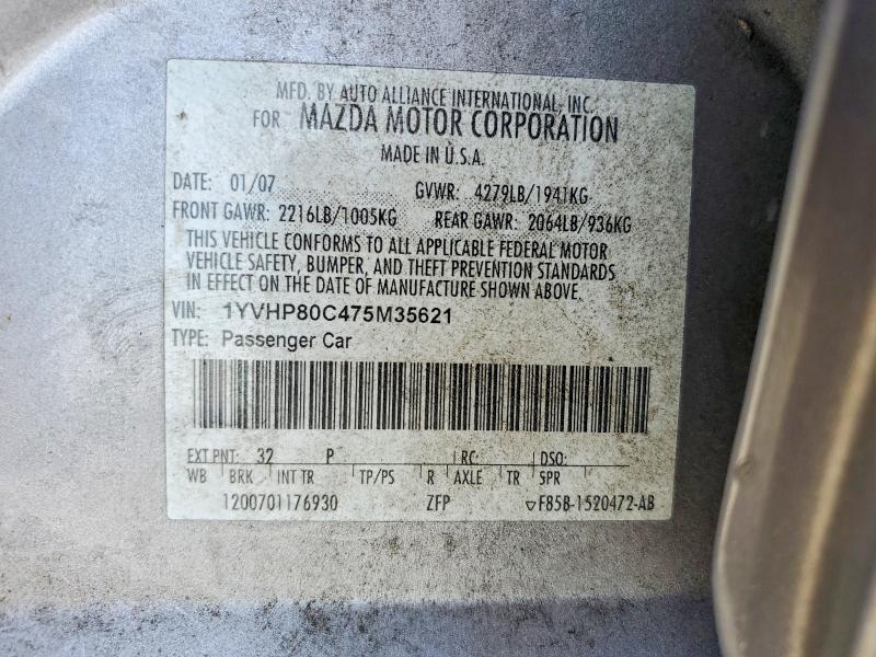 2007 Mazda 6 მანქანა იყიდება აუქციონზე, vin: 1YVHP80C475M35621, აუქციონის ნომერი: 59722406