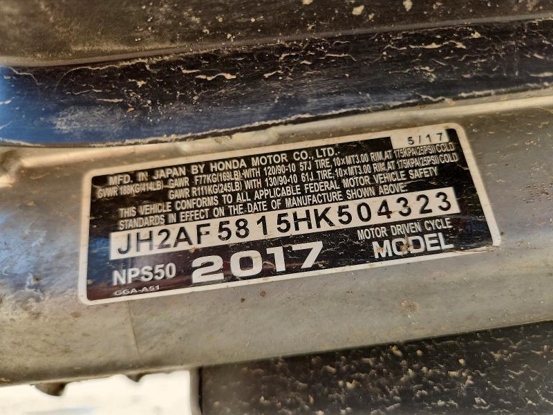 60005956 :رقم المزاد ، JH2AF5815HK504323 vin ، 2017 Honda Nps50 مزاد بيع