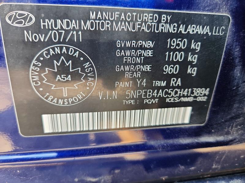 Aukcja sprzedaży 2012 Hyundai Sonata, vin: 5NPEB4AC5CH413894, numer aukcji: 62770136