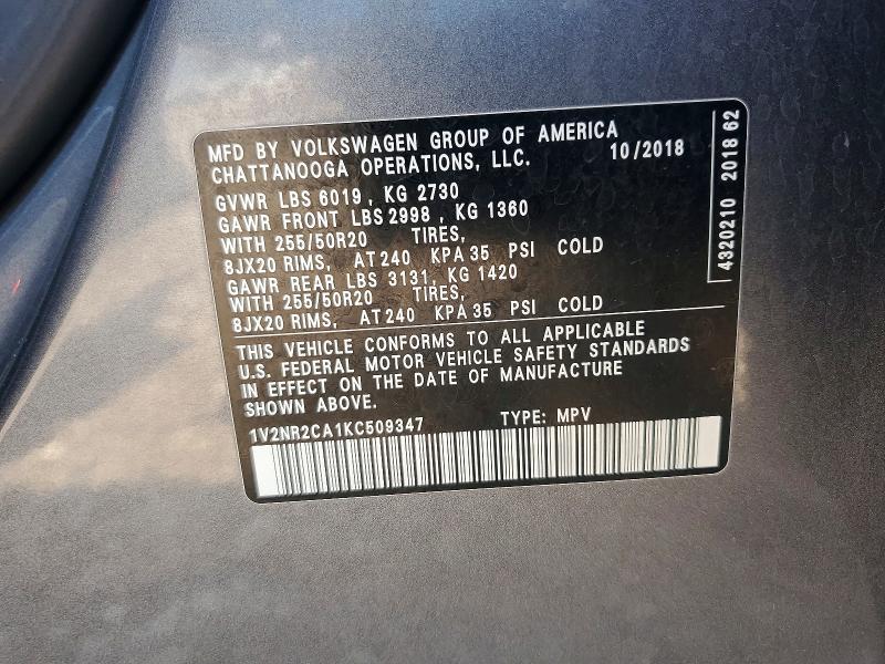 2019 Volkswagen Atlas მანქანა იყიდება აუქციონზე, vin: 1V2NR2CA1KC509347, აუქციონის ნომერი: 61191966
