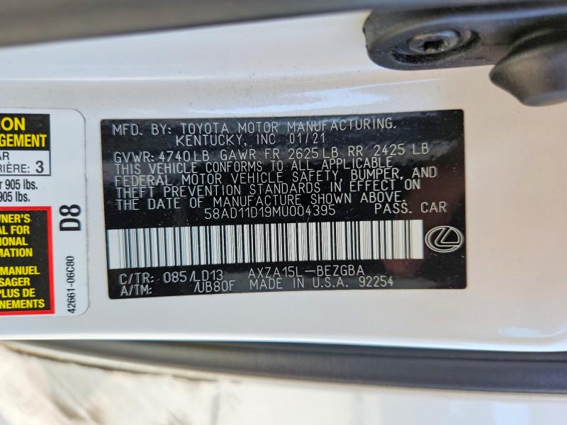 Продажа на аукционе авто 2021 Lexus Es 250, vin: 58AD11D19MU004395, номер лота: 60190776
