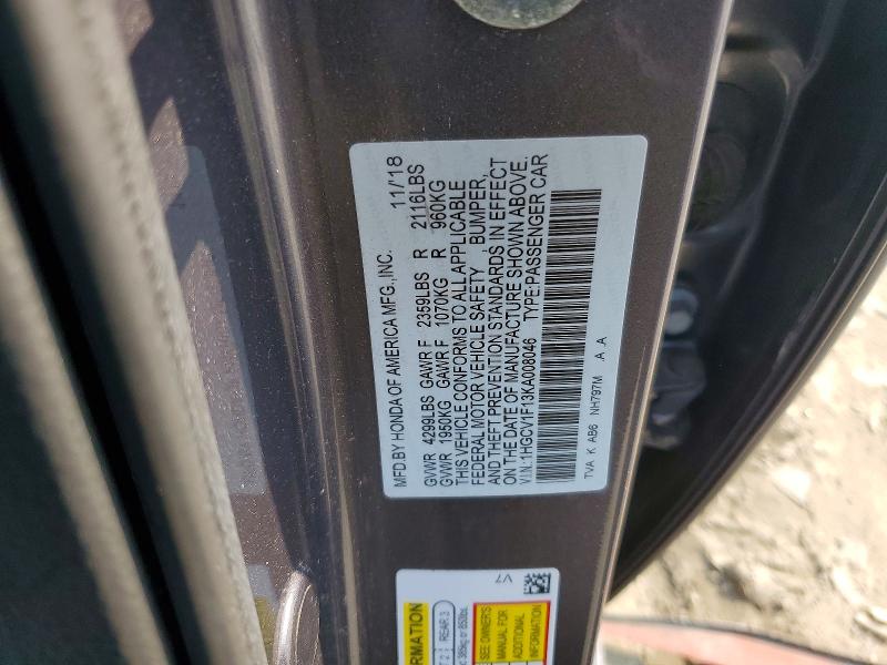61403826 :رقم المزاد ، 1HGCV1F13KA008046 vin ، 2019 Honda Accord مزاد بيع