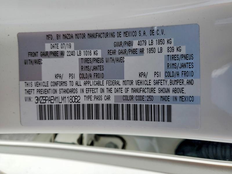 Продажа на аукционе авто 2020 Mazda 3, vin: 3MZBPAEM1LM118062, номер лота: 59860226