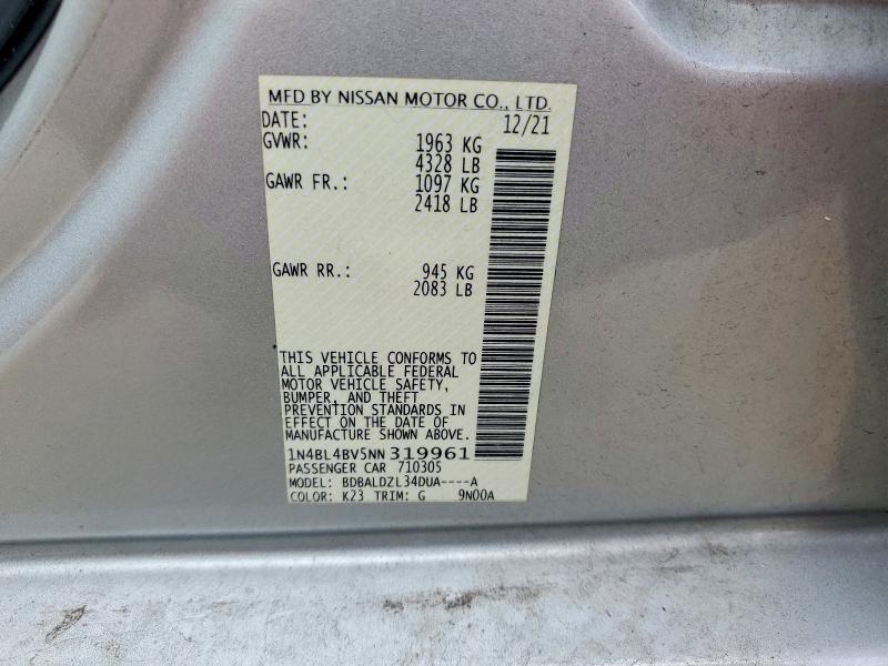60117046 :رقم المزاد ، 1N4BL4BV5NN319961 vin ، 2022 Nissan Altima مزاد بيع
