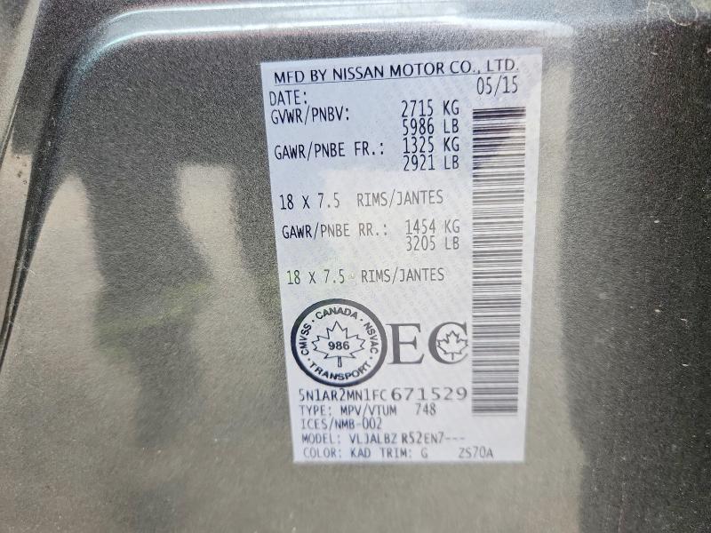 Aukcja sprzedaży 2015 Nissan Pathfinder, vin: 5N1AR2MN1FC671529, numer aukcji: 60041466