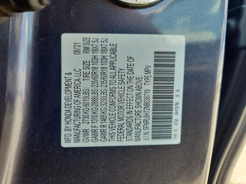 59965116 :رقم المزاد ، 5FNRL6H72NB036719 vin ، 2022 Honda Odyssey مزاد بيع